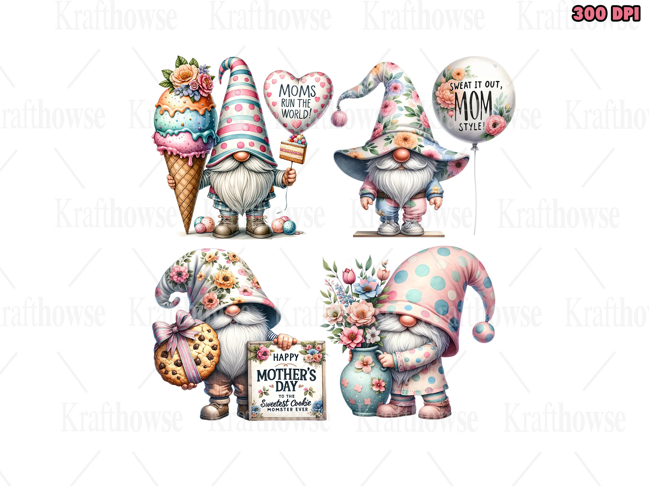 Watercolor Mothers Day Gnomes PNG Clipart Bundle of 30, Gnome Cute ...