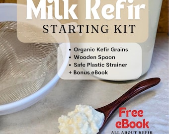 Organic Live Milk Kefir Grains with Starter Kid: wooden Spoon and plastic strainer BONUS free Kefir E-book, live probiotics, Gut Health