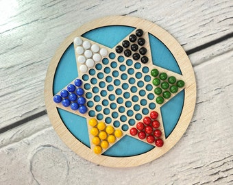 Chinese Checkers Wooden Board Game, Wood Toy Games for Kids with Glass Marbles, Family Game Night