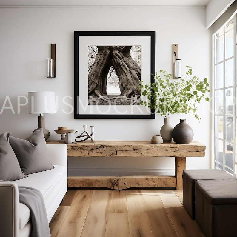 May include: A white couch with a gray throw blanket and pillows sits in a living room with a wooden coffee table and a framed black and white photo of a tree with a natural archway. There are two small vases and a plant on the table.