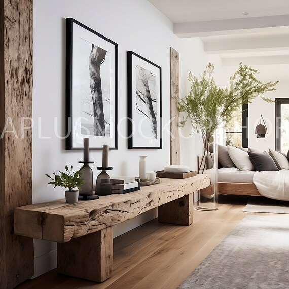 Farmhouse Wall Art Mockup: White Wood Frame, Interior Scene. Lakeside Mockup (PNG, PSD)