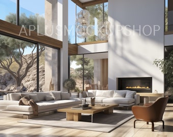 May include: A modern living room with large windows, a white sectional sofa, a brown leather armchair, a coffee table, and a fireplace with a fire.
