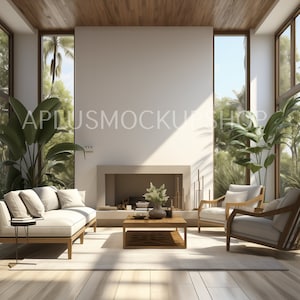 Op de afbeelding: Een woonkamer met een witte bank, twee fauteuils, een salontafel en een open haard. De kamer heeft grote ramen met uitzicht op tropische planten.