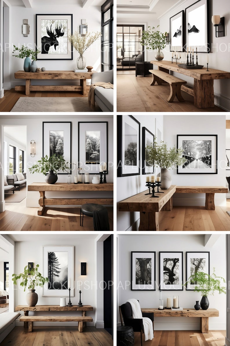 May include: Four different interior design scenes featuring rustic wooden benches with various black and white framed artwork and greenery.