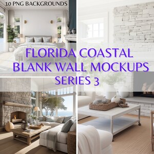 Op de afbeelding: Vier afbeeldingen van een kustwoonkamer met een witte bakstenen muur, een open haard en een groot raam met uitzicht op de oceaan. De tekst "FLORIDA COASTAL BLANK WALL MOCKUPS SERIES 3" wordt in paarse tekst op de afbeelding weergegeven.