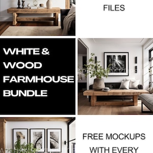 May include: A set of 20 farmhouse style mockups featuring a white and wood interior with a couch, coffee table, and framed artwork. The mockups are available in PNG and PSD format with smart objects. Free mockups are included with every order.