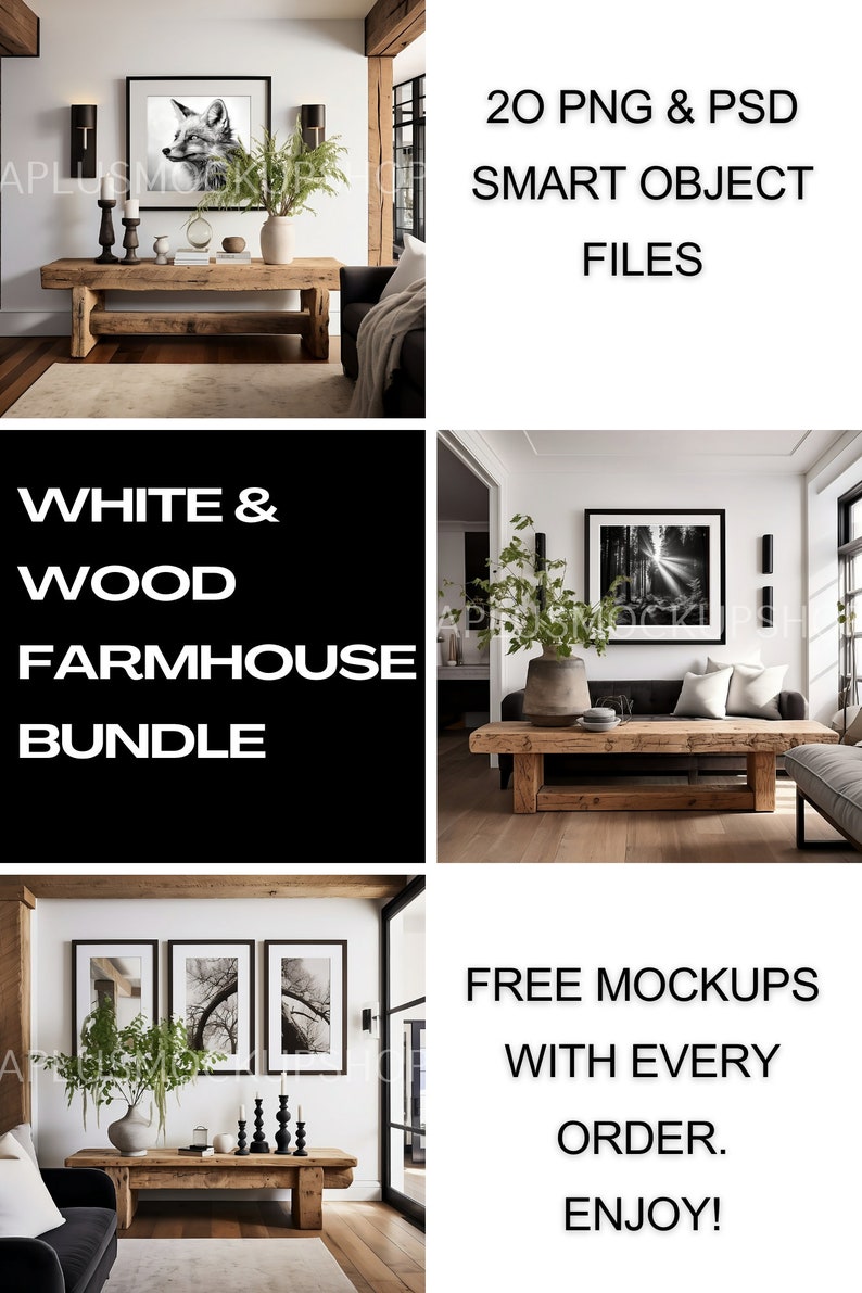 May include: A set of 20 farmhouse style mockups featuring a white and wood interior with a couch, coffee table, and framed artwork. The mockups are available in PNG and PSD format with smart objects. Free mockups are included with every order.