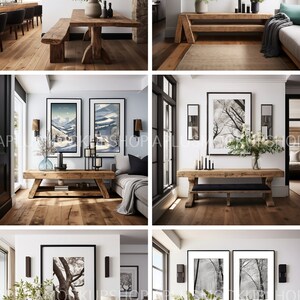 May include: Four different living room spaces featuring rustic wooden coffee tables with various framed artwork and plants. The tables are made of rough-hewn wood with a natural finish. The artwork includes black and white photographs, botanical prints, and landscape paintings. The plants are in various pots and add a touch of greenery to the spaces.