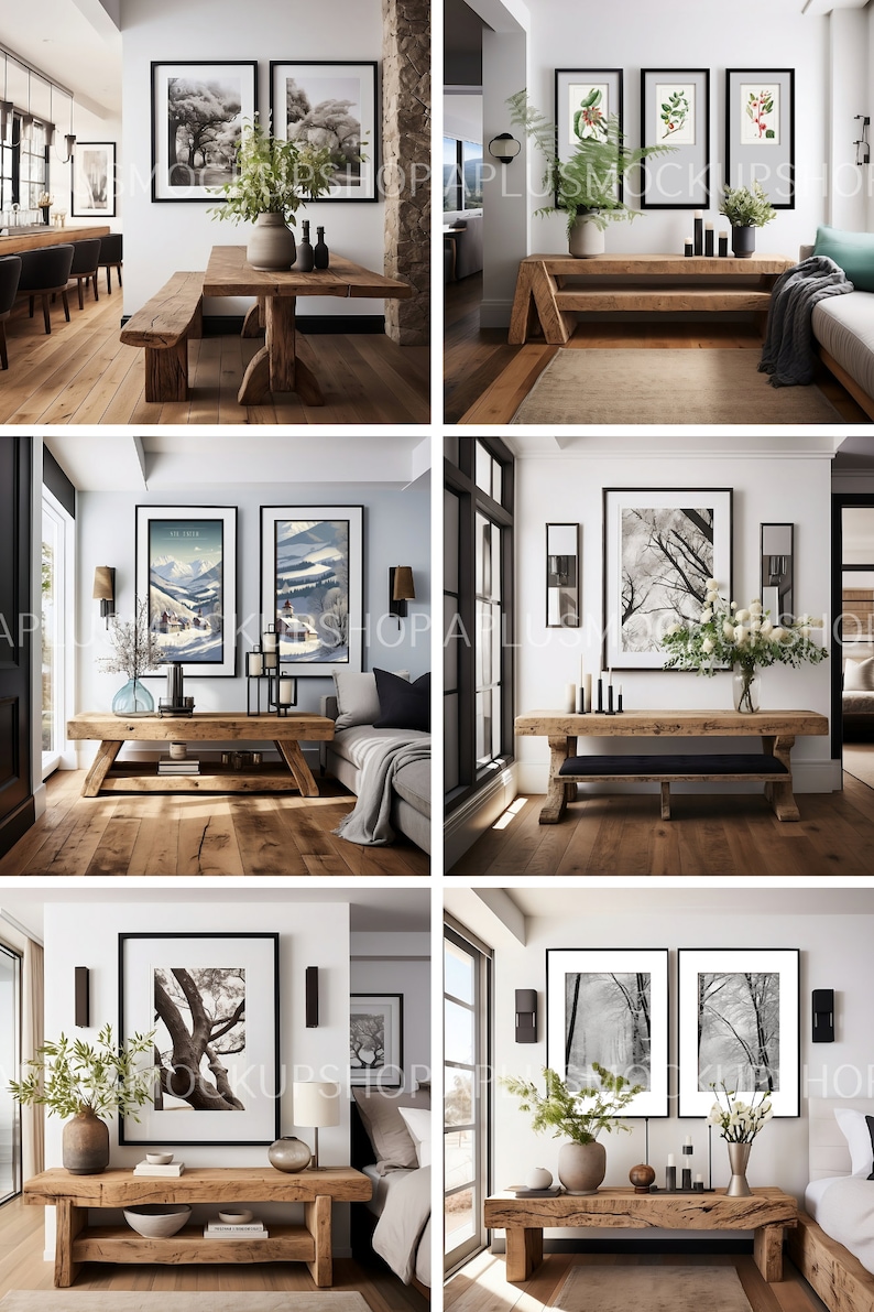 May include: Four different living room spaces featuring rustic wooden coffee tables with various framed artwork and plants. The tables are made of rough-hewn wood with a natural finish. The artwork includes black and white photographs, botanical prints, and landscape paintings. The plants are in various pots and add a touch of greenery to the spaces.