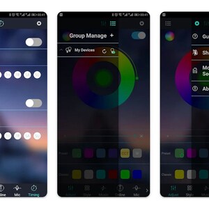May include: A smartphone screen displaying the "auraLED" app, showing a microphone icon, a circular progress bar, and a graph. The app has tabs for "Adjust", "Style", "Music", "Online", "Info", and "Timing".