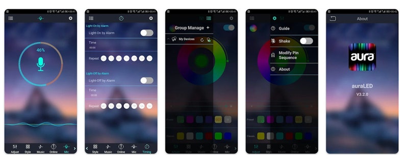 May include: A smartphone screen displaying the "auraLED" app, showing a microphone icon, a circular progress bar, and a graph. The app has tabs for "Adjust", "Style", "Music", "Online", "Info", and "Timing".