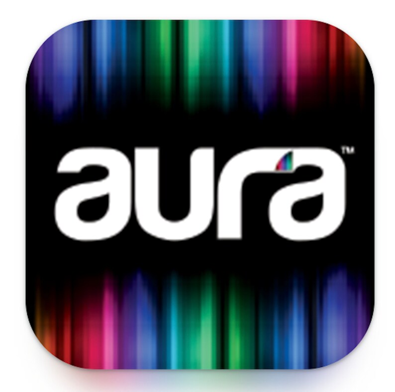 May include: A white logo with the word "aura" in a stylized font, with a small rainbow graphic next to the "a" and a trademark symbol next to the "a". The logo is on a black background with a blurred rainbow stripe pattern.