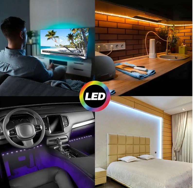 May include: A collage of images showcasing LED light strips in various settings. The top left image shows a person watching TV with blue LED lights behind the screen. The top right image shows a kitchen countertop with warm white LED lights under the cabinets. The bottom left image shows a car interior with purple LED lights under the dashboard. The bottom right image shows a bedroom with white LED lights behind the headboard.