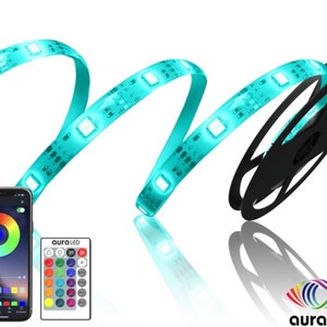 May include: A roll of turquoise LED light strip with a remote control and a smartphone app. The app shows a color wheel and various color options. The light strip is on a black spool.