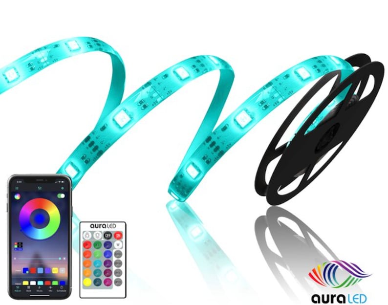 May include: A roll of turquoise LED light strip with a remote control and a smartphone app. The app shows a color wheel and various color options. The light strip is on a black spool.