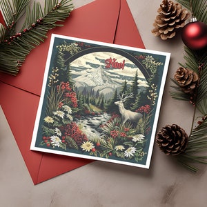 Königliche Noel quadratische Feiertags-Karte mit Schnee-Fluss, Blumen, Bergen und Elchen