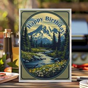 Alles Gute zum Geburtstag in den Bergen – Einzigartiger Gruß für Ihre Freunde und Familie, passen Sie an, um Geburtstagsjahr anzugeben, enthält Umschlag