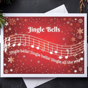 Tarjeta navideña Jingle Bells - Serie Red Carols - 5x7 horizontal - Disponible como tarjeta individual o en caja - Personalizada o en blanco en el interior