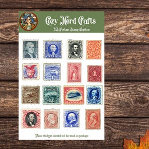 May include: A sheet of vintage stamp replicas from Cozy Nerd Crafts, featuring portraits and ornate designs in various colors. The sheet is on a wooden surface with fall leaves. Text on the sheet reads "US Postage Stamp Replicas" and "Those stickers should not be used as postage."