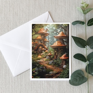 Cartões de notas aconchegantes Cottagecore - Orange Mushroom House Community, cartão 4x6, cartão postal, opções de envelope