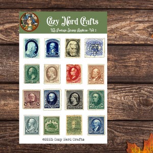 May include: A sheet of US vintage stamp replicas, Vol 2, featuring various portraits and designs. The stamps are in shades of blue, green, red, and brown. The sheet is on a wooden surface with autumn leaves.
