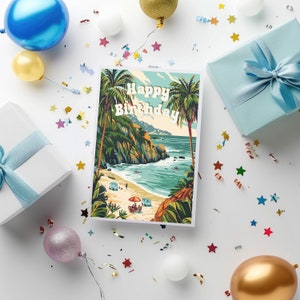 Retro Beach Happy Birthday Karte - 60er Jahre Vibe, perfekt für Fans von Retro Ästhetik, Anpassen mit Geburtstagsjahr, inklusive Umschlag