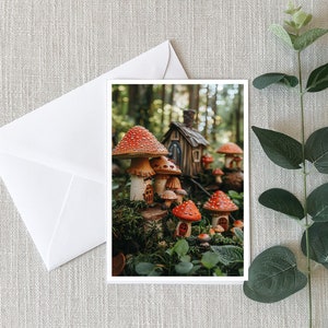 Cartões de notas aconchegantes Cottagecore - Casa de madeira de cogumelo vermelho, cartão 4x6, cartão postal, opções de envelope