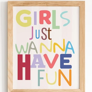 Girls Just Wanna Have Fun Printable Wall Art | Retro Pink Quote Print | Instant Download Digital Sign for Bedroom, Party, or Office Decor