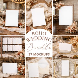 May include: A selection of mockups for a boho-themed wedding, including blank cards, invitation suites, and signage. The images display a rustic style with copper frames, dried flowers, and soft, neutral fabrics. The text "BOHO WEDDING Bundle" and "37 MOCKUPS" is visible.