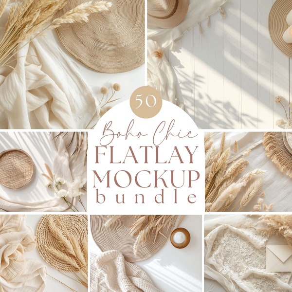 50x Boho Flatlay Mockup, Boho Chic Flatlay Mockup, Stock Photo Flatlay Mockup, Digital Background Mockup, Table Flatlay Mockup