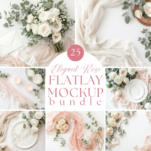 25 Elegant Rose Flatlay Mockup, Table Flat Lay Mockup Bundle, Digital Background Mock up, Styled Stock Photography, Scene Creator Mockup