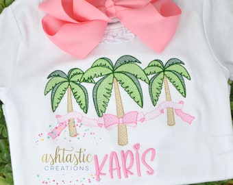 Girls Palm Tree Trio with Bows Shirt / Personalized Summer Vacation Shirt / Embroidery Applique Design / Custom Monogram Tee