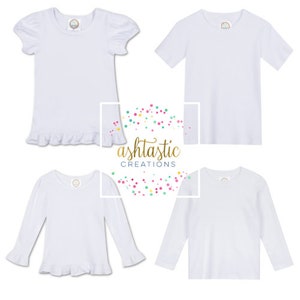 May include: Four white shirts are displayed, showcasing different sleeve lengths and styles. The shirts include a short-sleeve tee, a long-sleeve shirt, and two variations with ruffled or puff sleeves. The brand name "ashtastic creations" is visible.