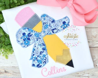 Girls Back To School Embroidered Shirt / Personalized Pencil With Bow Tee / Embroidery Applique / First Day Of School