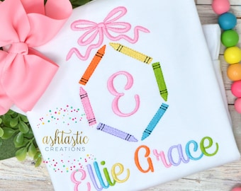 Girls Back To School Embroidered Shirt / Personalized Crayons With Bow Tee  / First Day Of School / Preschool / Kindergarten / First Grade