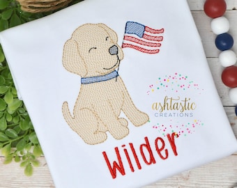Boys July 4 Puppy Shirts / Personalized Patriotic Pup Shirt / Embroidery Monogram / Red White And Blue / American Flag