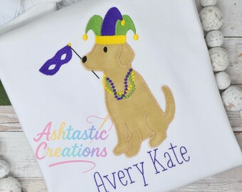 Kids Mardi Gras Puppy Shirt / Embroidered Mardi Gras Applique Design / Kids Parade Outfit