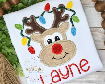 Kids Embroidered Christmas Shirt / Personalized Reindeer Tee / Embroidery Appliqué / Smiling Rudolph Rudolf