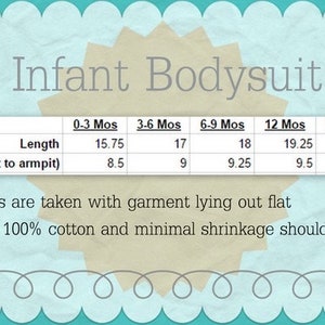 May include: An infant bodysuit size chart with measurements in inches. The chart includes lengths and widths for sizes 0-3 months through 18 months. The text states that measurements are taken with the garment lying flat and are 100% cotton.
