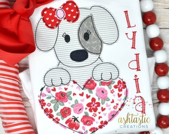 Girls Valentine's Day Puppy Shirt / Personalized Valentine's Shirt / Embroidery Applique Design / Custom Girls Tee / Sibling Set