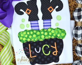 Girls Witch Feet in Cauldron Shirt / Personalized Halloween Shirt / Girls Halloween Outfit  / Embroidery Appliqué