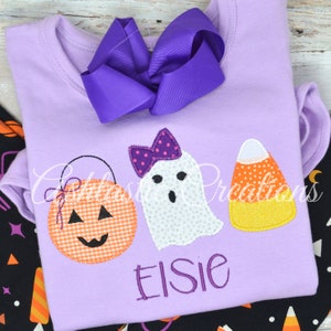 Girls Halloween Trio Applique Shirt / Personalized Halloween Shirt /  Pumpkin Bucket Ghost Candy  Corn / Trick or Treat Outfit