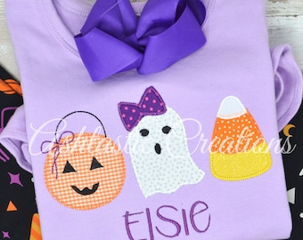 Girls Halloween Trio Applique Shirt / Personalized Halloween Shirt /  Pumpkin Bucket Ghost Candy  Corn / Trick or Treat Outfit