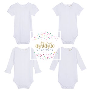 May include: Four white baby onesies with different sleeve lengths are displayed. The onesies include short puff sleeves, short sleeves, and long sleeves with ruffle cuffs and plain long sleeves. The text "ashtastic creations" is in the center.