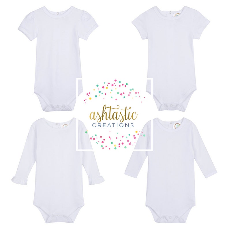 May include: Four white baby onesies with different sleeve lengths are displayed. The onesies include short puff sleeves, short sleeves, and long sleeves with ruffle cuffs and plain long sleeves. The text "ashtastic creations" is in the center.