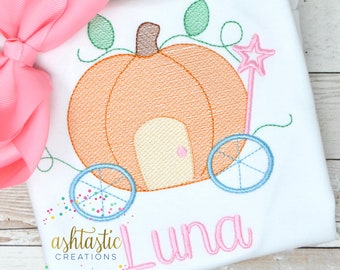 Girls Embroidered Halloween Shirt / Personalized Pumpkin Princess Carriage Shirt / Embroidery Sketch Design / Trick or Treat