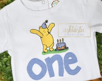 Classic Pooh Bear Birthday Shirt For Girls And Boys / Baby's First Birthday Bodysuit / Embroidery Appliqué