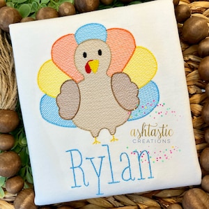 Boys Thanksgiving Turkey Shirt / Personalized Thanksgiving Ruffle Tee  / Embroidery Sketch Design / Gobble Gobble / Sibling Set