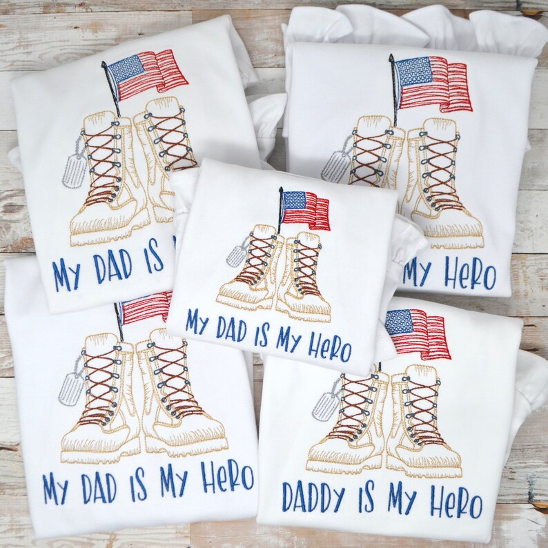 Memorial Day Shirt For Kids / Personalized Veteran's Day Tee / Patriotic Outfit / Daddy Is My Hero Embroidery / Sketch Design bild 3