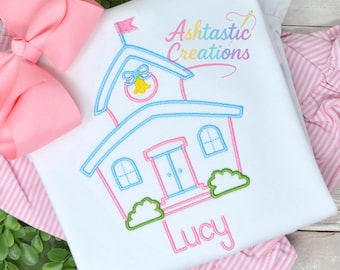 Personalized Back to School Shirt for Girls / Embroidered Schoolhouse with Name / Custom First Day of School Outfit
